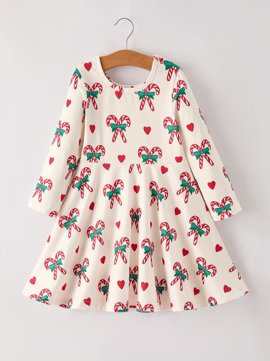 Candy Cane & Heart Christmas Girls Dress