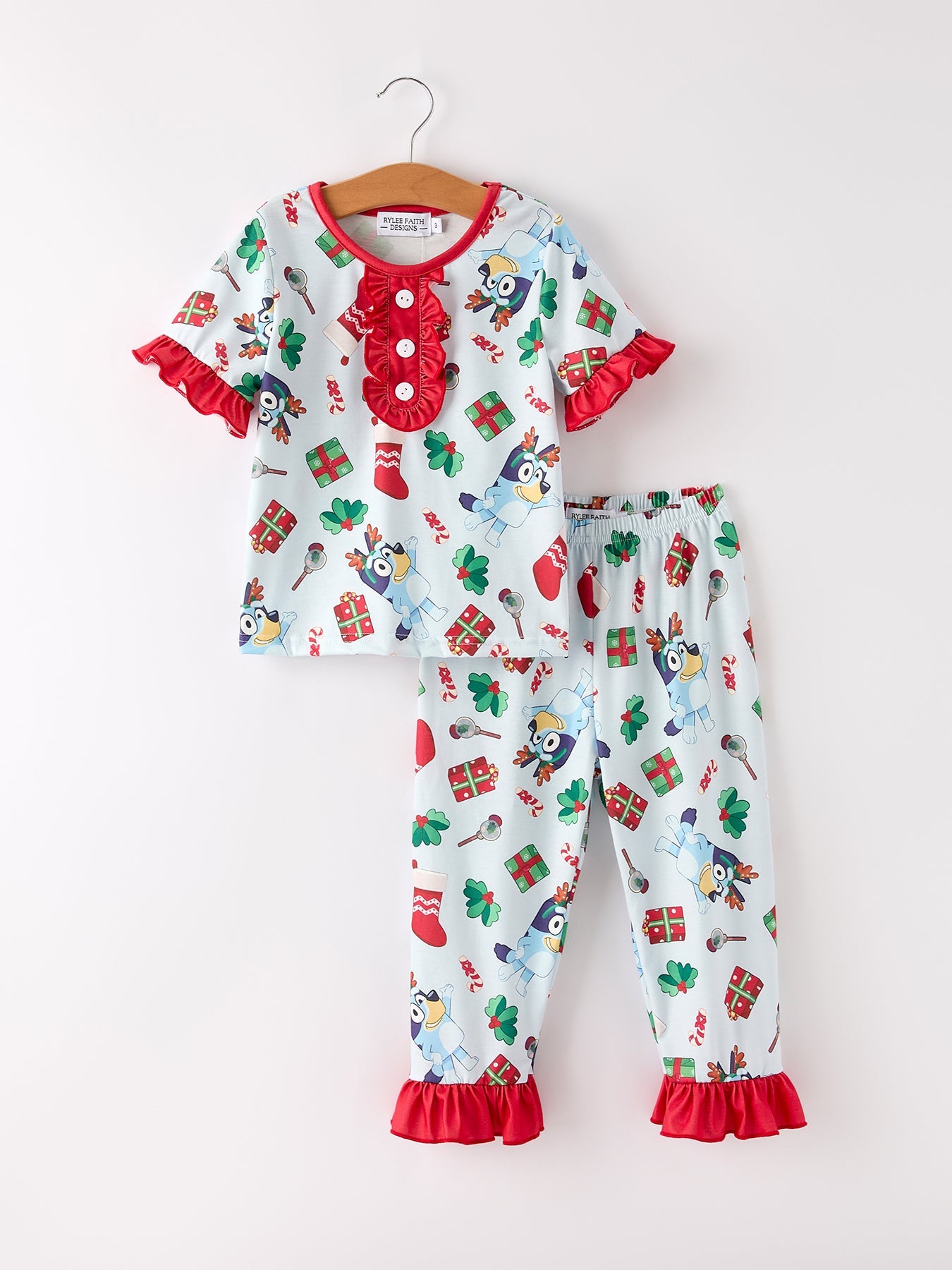 Christmas Character Blue Girls Pajama Set with Ruffles
