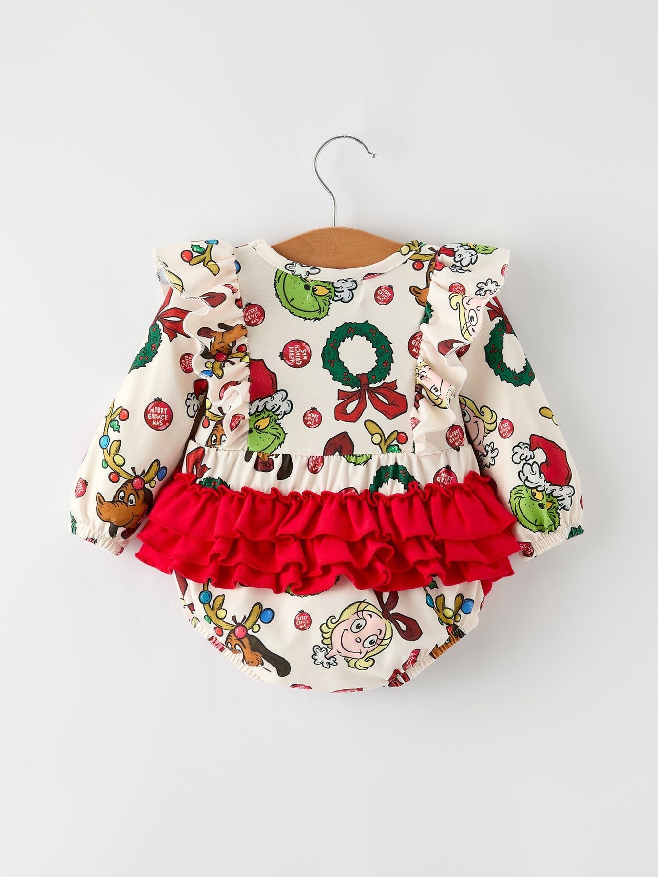 Christmas Character Print Baby Girls Romper with Red Bow Detail