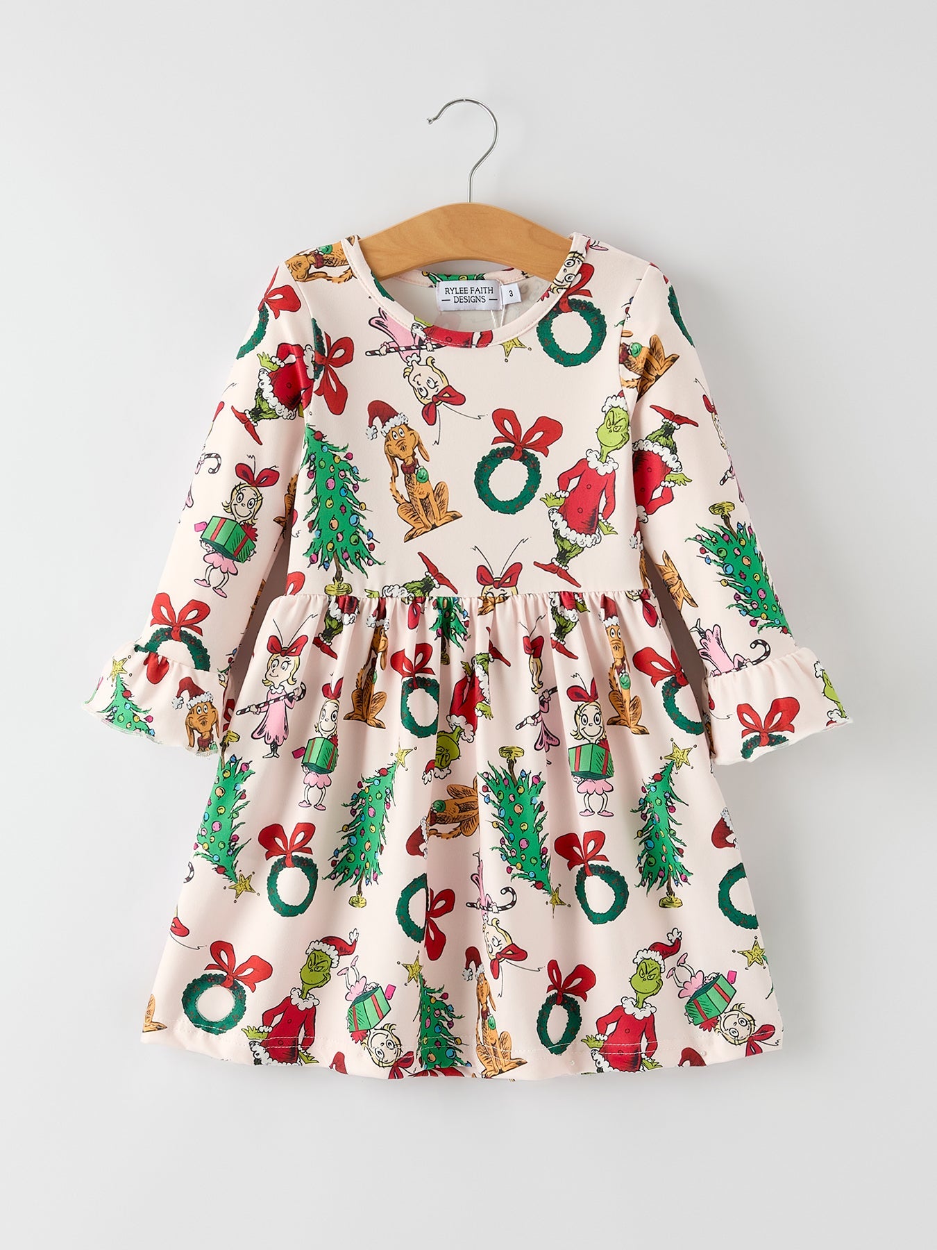 Christmas Character Print  Girls Dress with Ruffle Sleeves