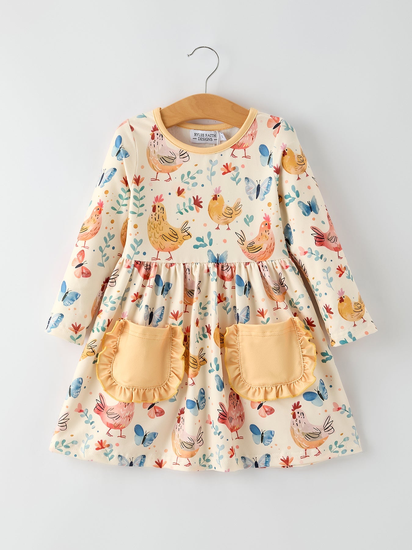 Charming Chicken & Butterfly Girls Dress with Cute Ruffled Pockets