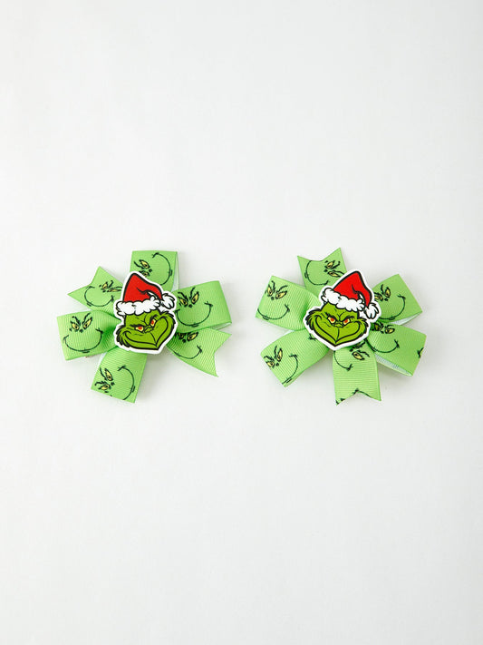 Christmas Character Green Bow 3.3 inch Hairpin (2pcs)