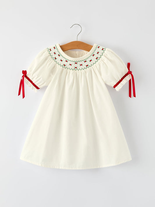 White Christmas Girl's Dress: Delicate Embroidery with Red Bow Details