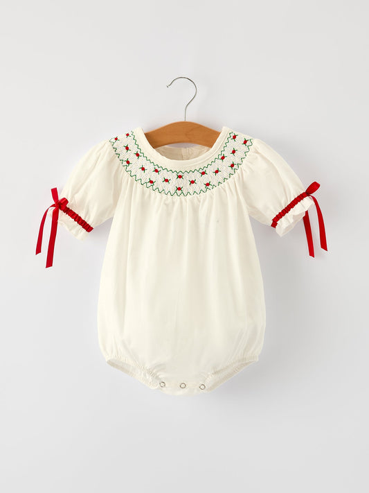 Christmas Girl's Romper : Delicate Embroidery with Red Bow Details