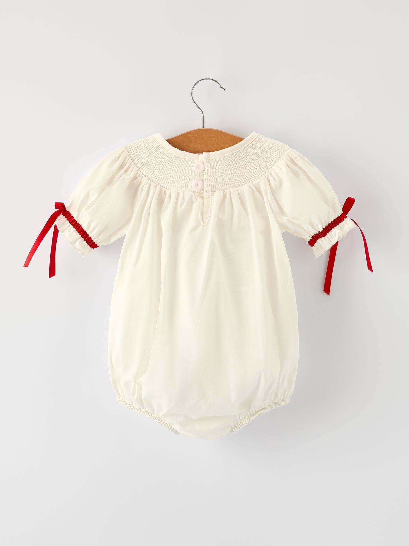 Christmas Girl's Romper : Delicate Embroidery with Red Bow Details