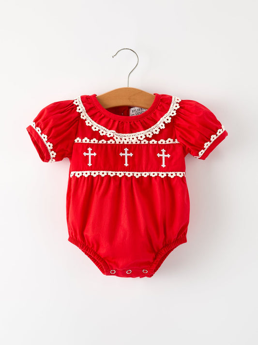 Red Christmas Baby Girls Romper: Cross Embroidery with Lace Trim