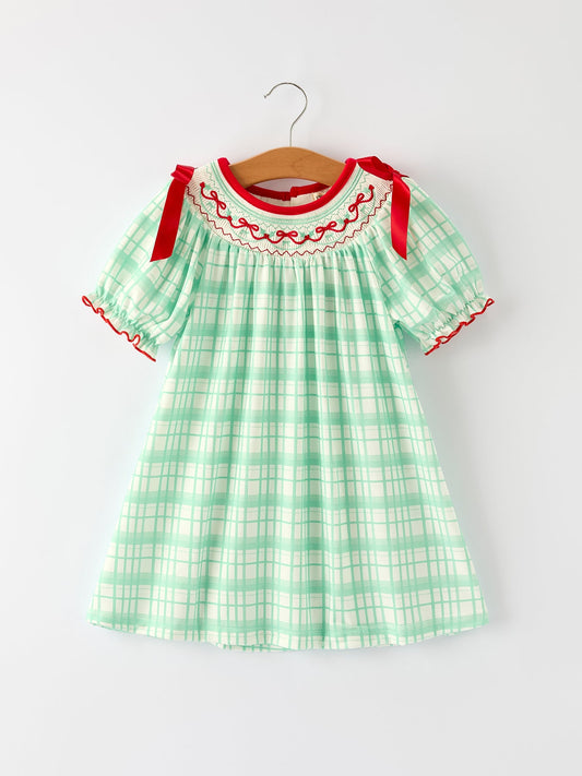 Christmas Girl Smock Embroidery Green Plaid Dress