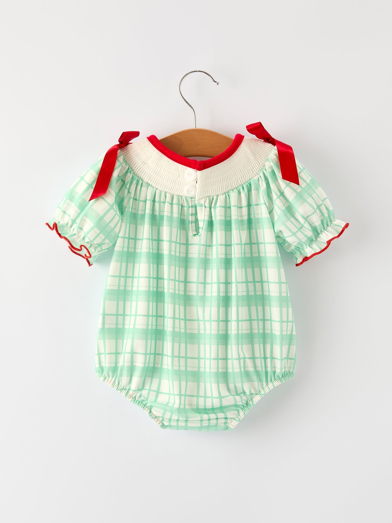 Christmas Baby Girl Smock Embroidery Green Plaid Romper