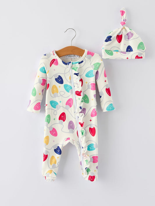 Christmas Colorful Light Bulb Baby Girls Romper with Hat