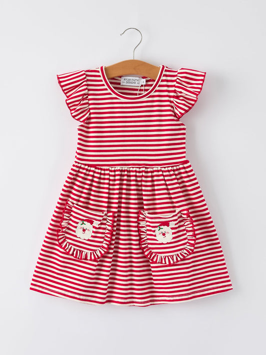 Christmas Red Stripe Dress with Santa  Applique Pockets: Festive Fun