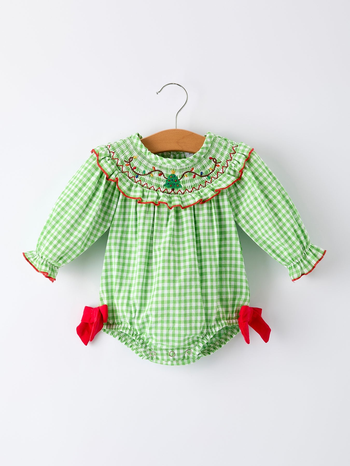 Christmas Tree Smocked Embroidery Baby Girls Romper with Green Plaid