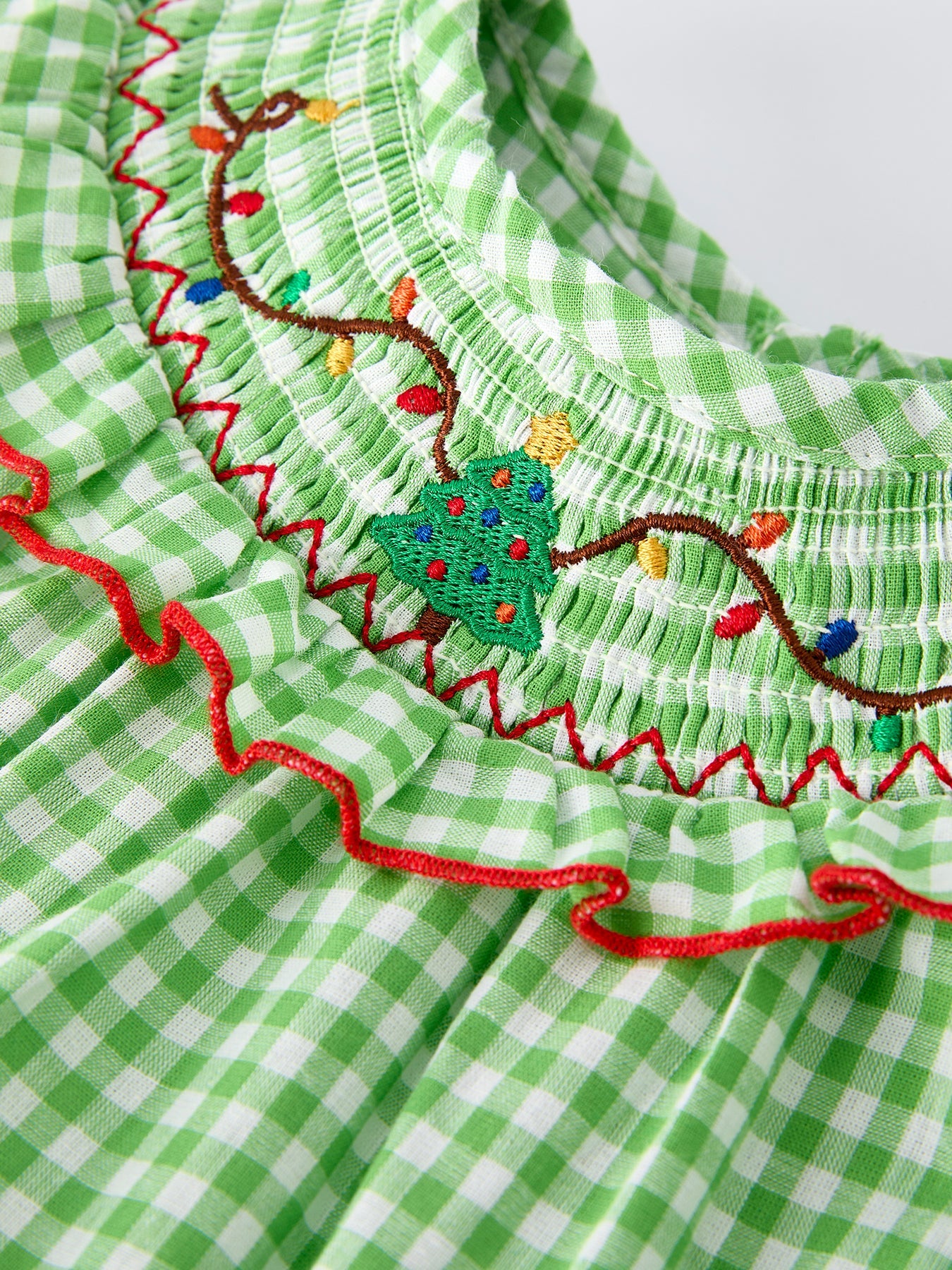 Christmas Tree Smocked Embroidery Baby Girls Romper with Green Plaid