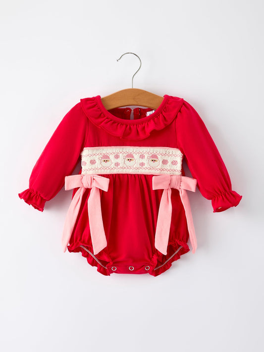 Christmas Smocked Embroidery Baby Girls Romper with Pink Ribbon Ties