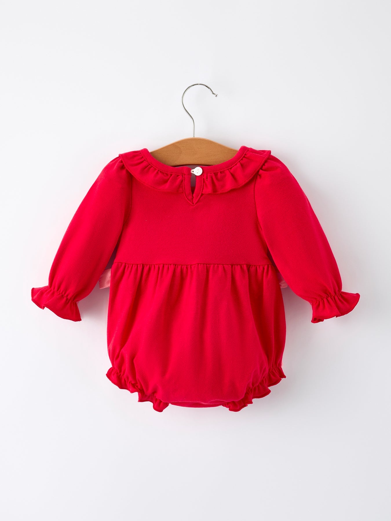 Christmas Smocked Embroidery Baby Girls Romper with Pink Ribbon Ties