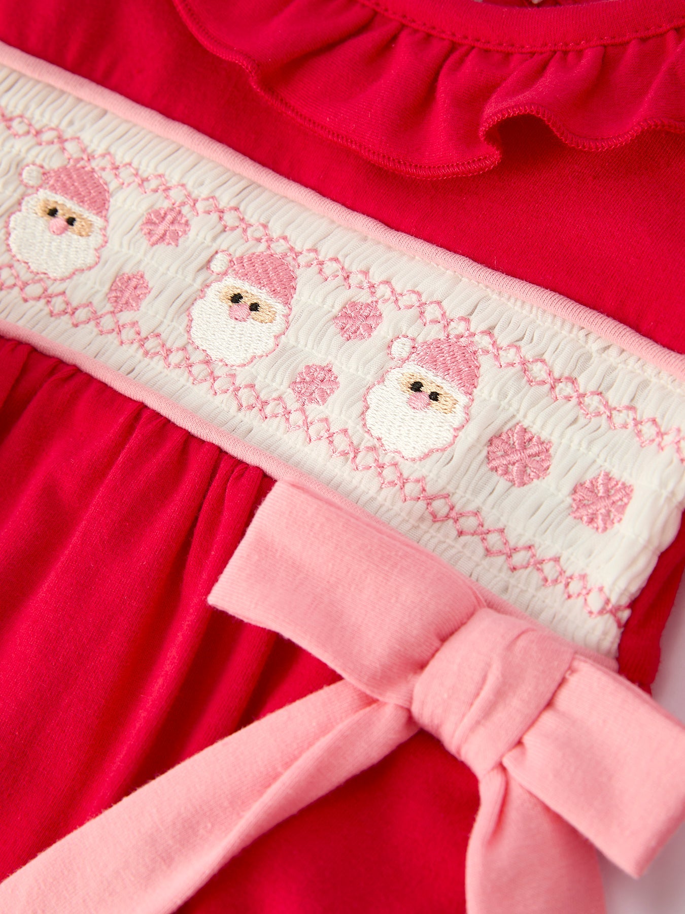 Christmas Smocked Embroidery Baby Girls Romper with Pink Ribbon Ties