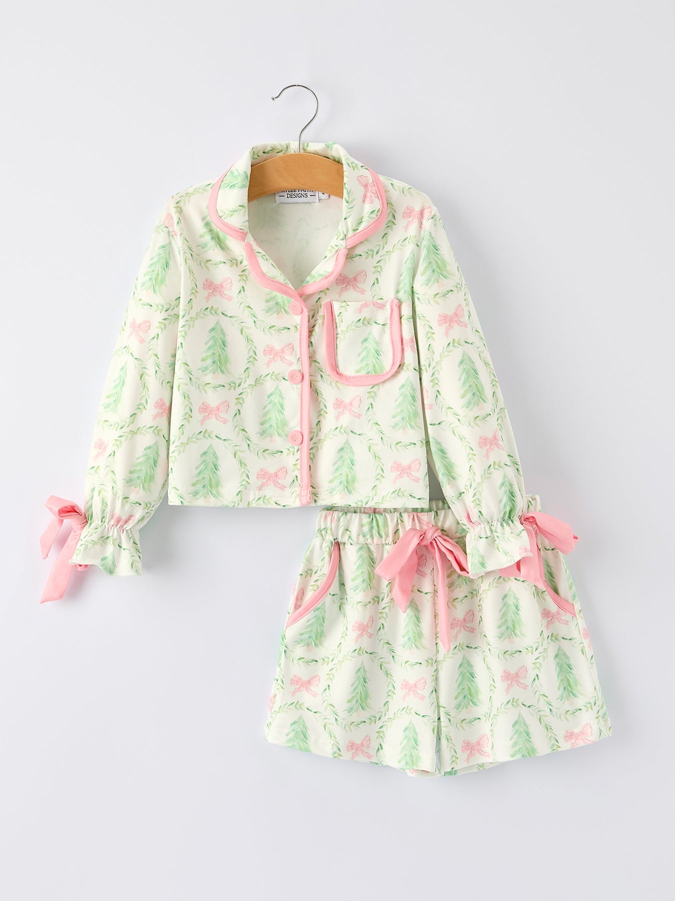 Christmas Tree & Bow Print Girls Pajama Set