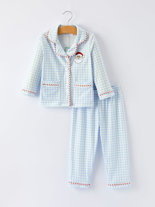 Blue Christmas Santa Embroidery Plaid Girls Pajamas Set