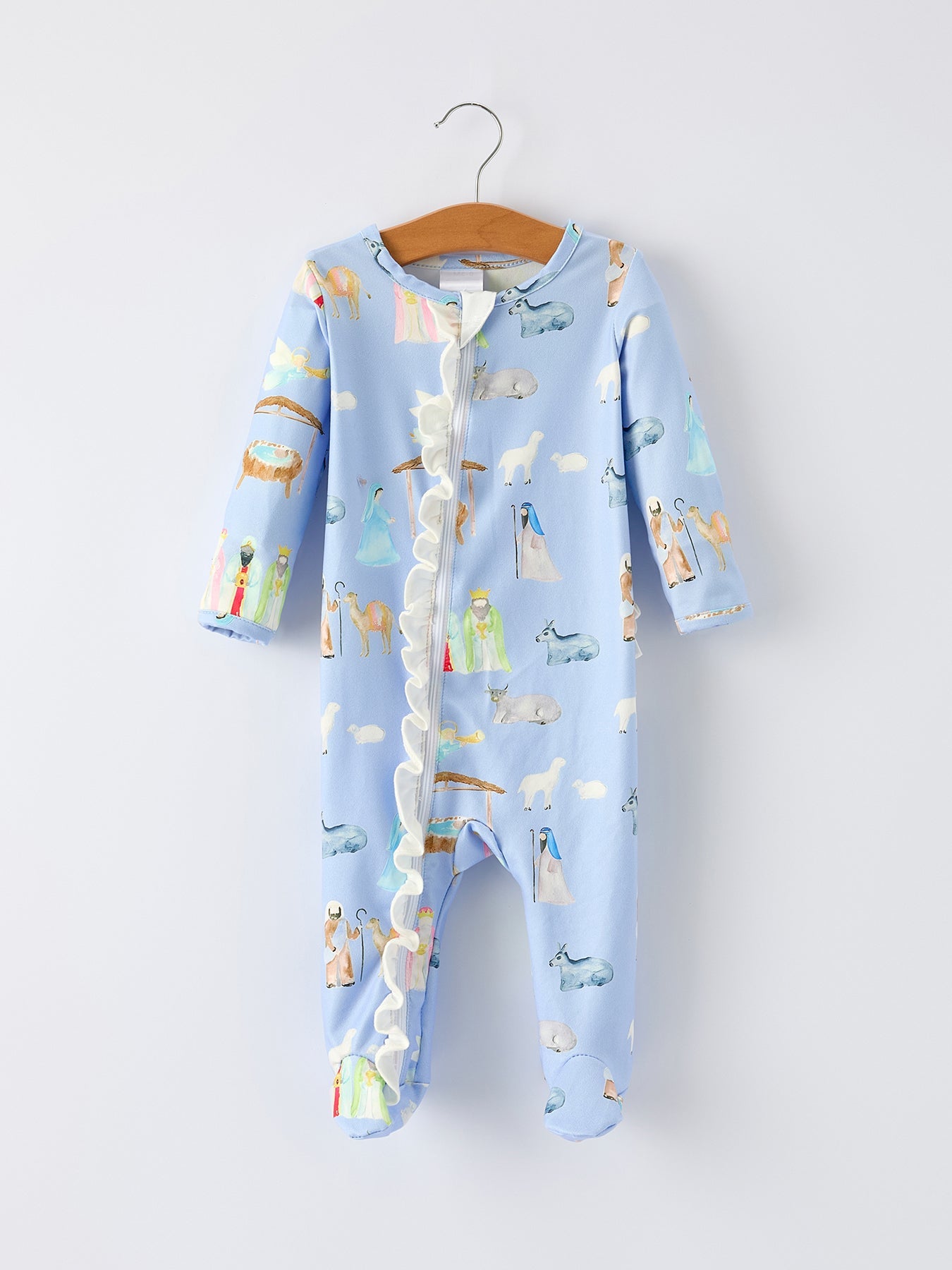 Blue Christmas Nativity Pattern Baby Girls Romper with Ruffles