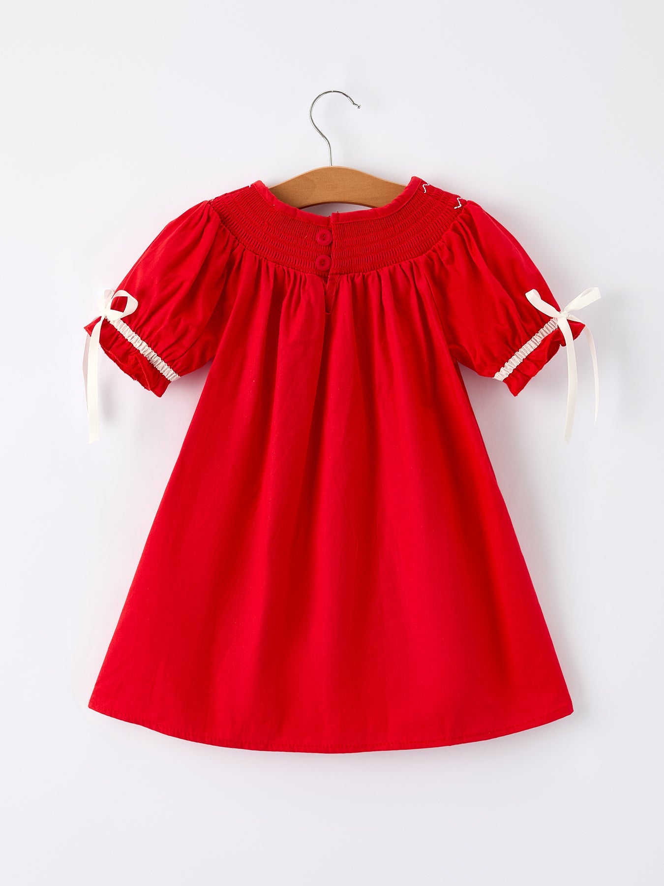 Christmas Gingerbread Embroidery Red Girls Dress with Bow
