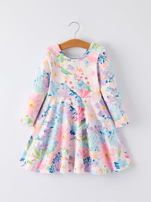 Spring and Autumn Floral Print Girl Dress with Long Sleeves