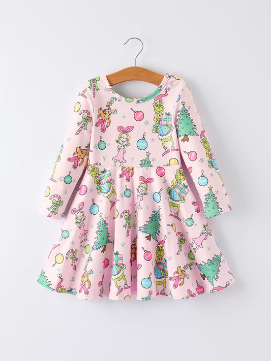 Pink Christmas Character Print Long Sleeve Girls Dress