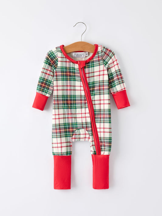 Christmas Plaid Baby Girls Romper with Long Sleeves and Red Cuffs