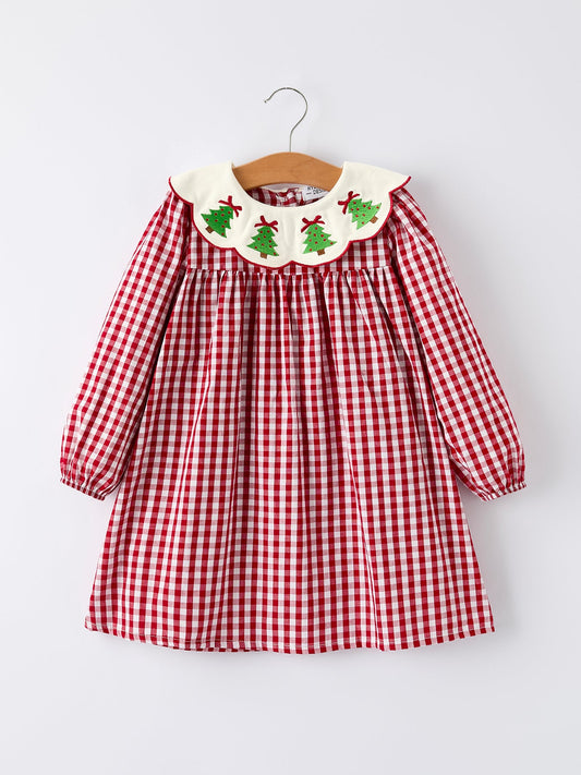 Christmas Embroidered Christmas Tree Plaid Girls Dress