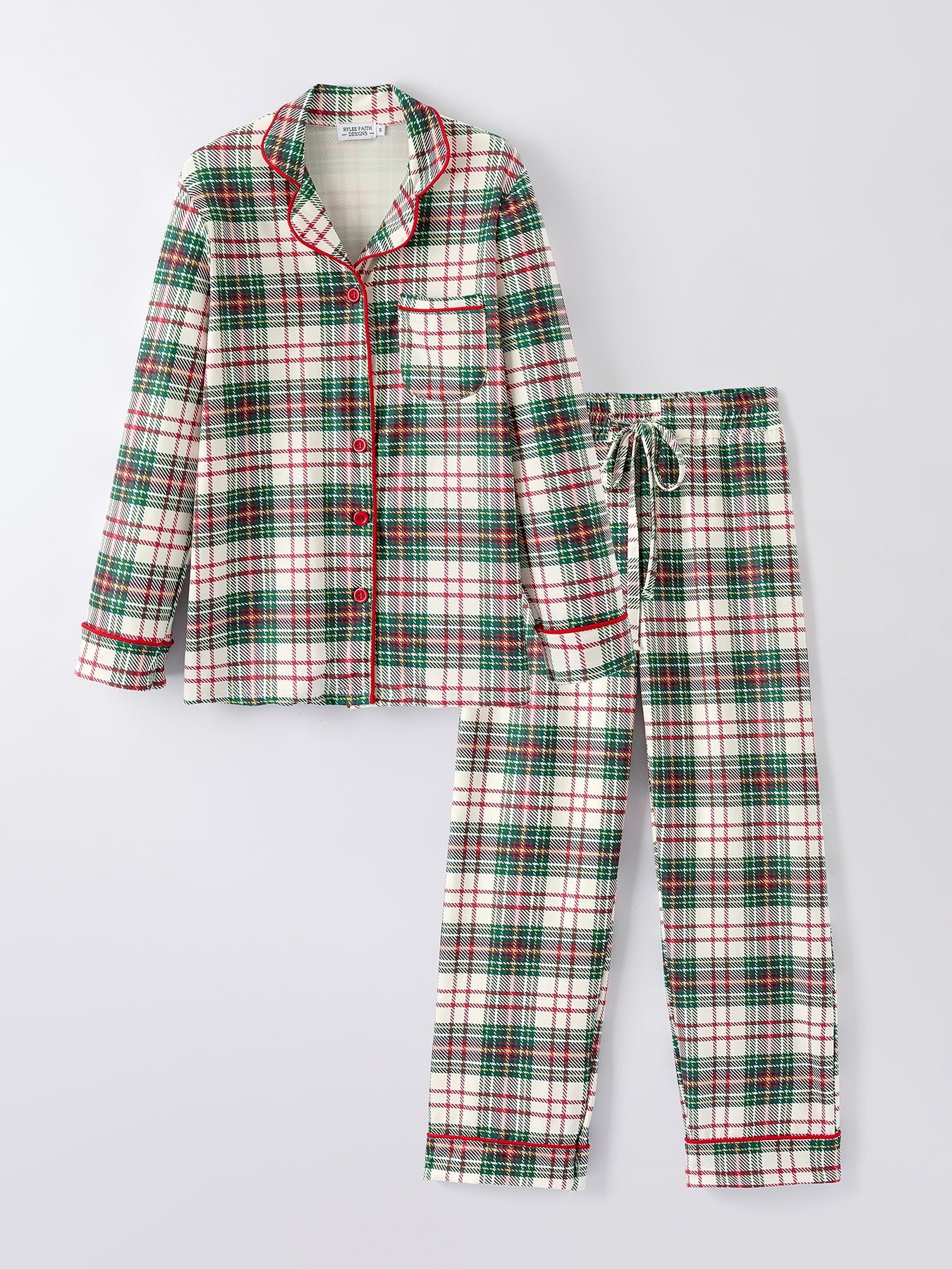Mommy & Me Christmas Plaid Girls Pajamas Set with Long Sleeves and Red Cuffs