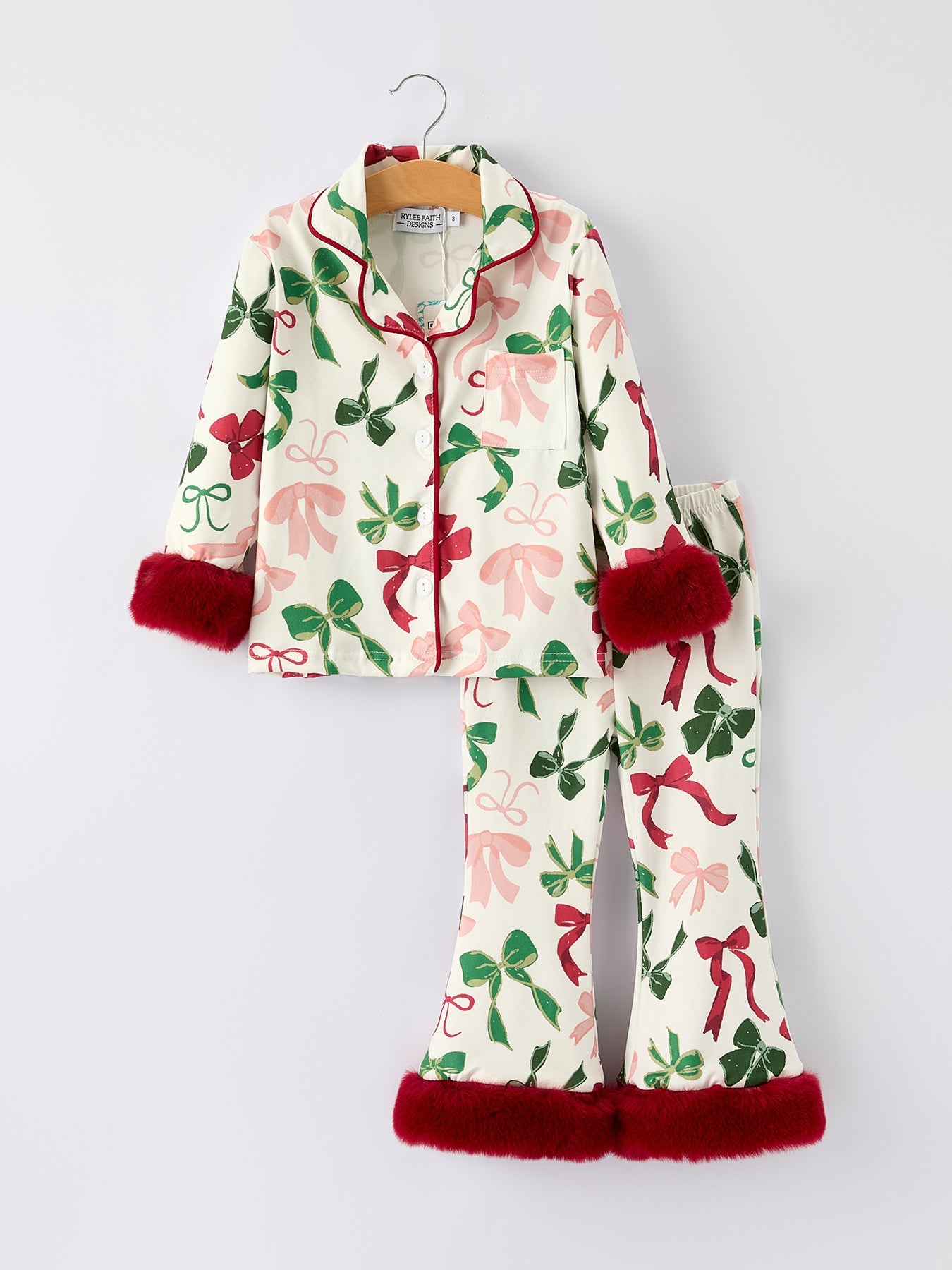 PREORDER Holiday Bow Print Christmas Pajama Set – Girls Cozy Red Trim Sleepwear