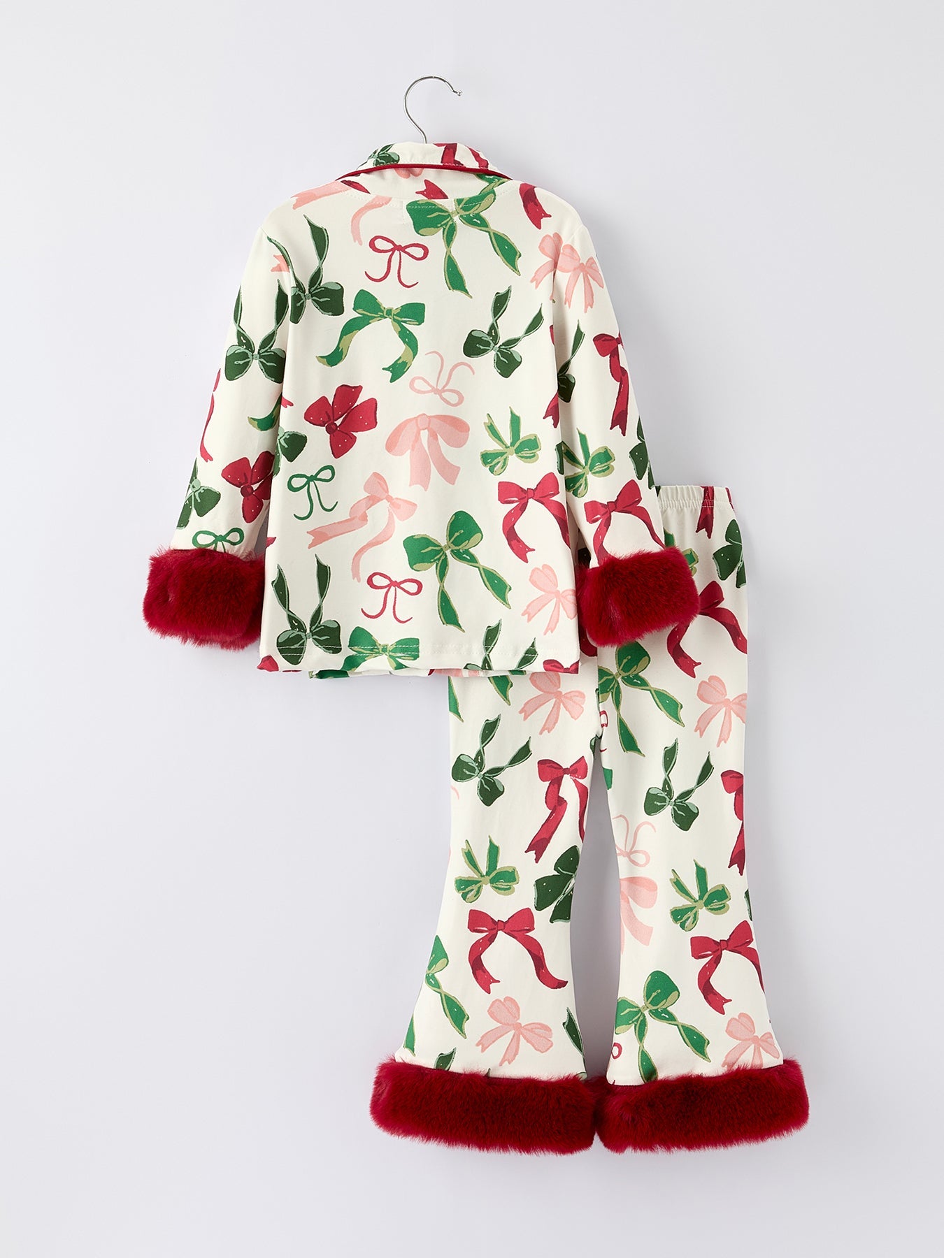 PREORDER Holiday Bow Print Christmas Pajama Set – Girls Cozy Red Trim Sleepwear