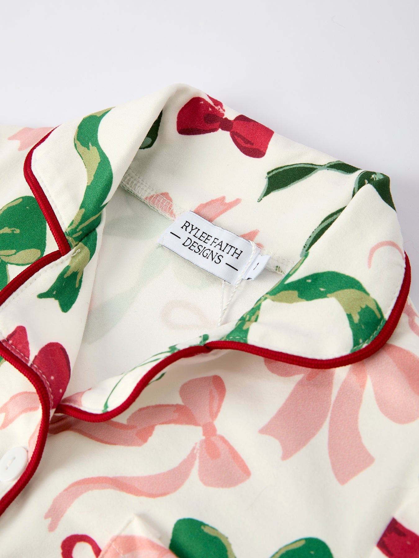 PREORDER Holiday Bow Print Christmas Pajama Set – Girls Cozy Red Trim Sleepwear