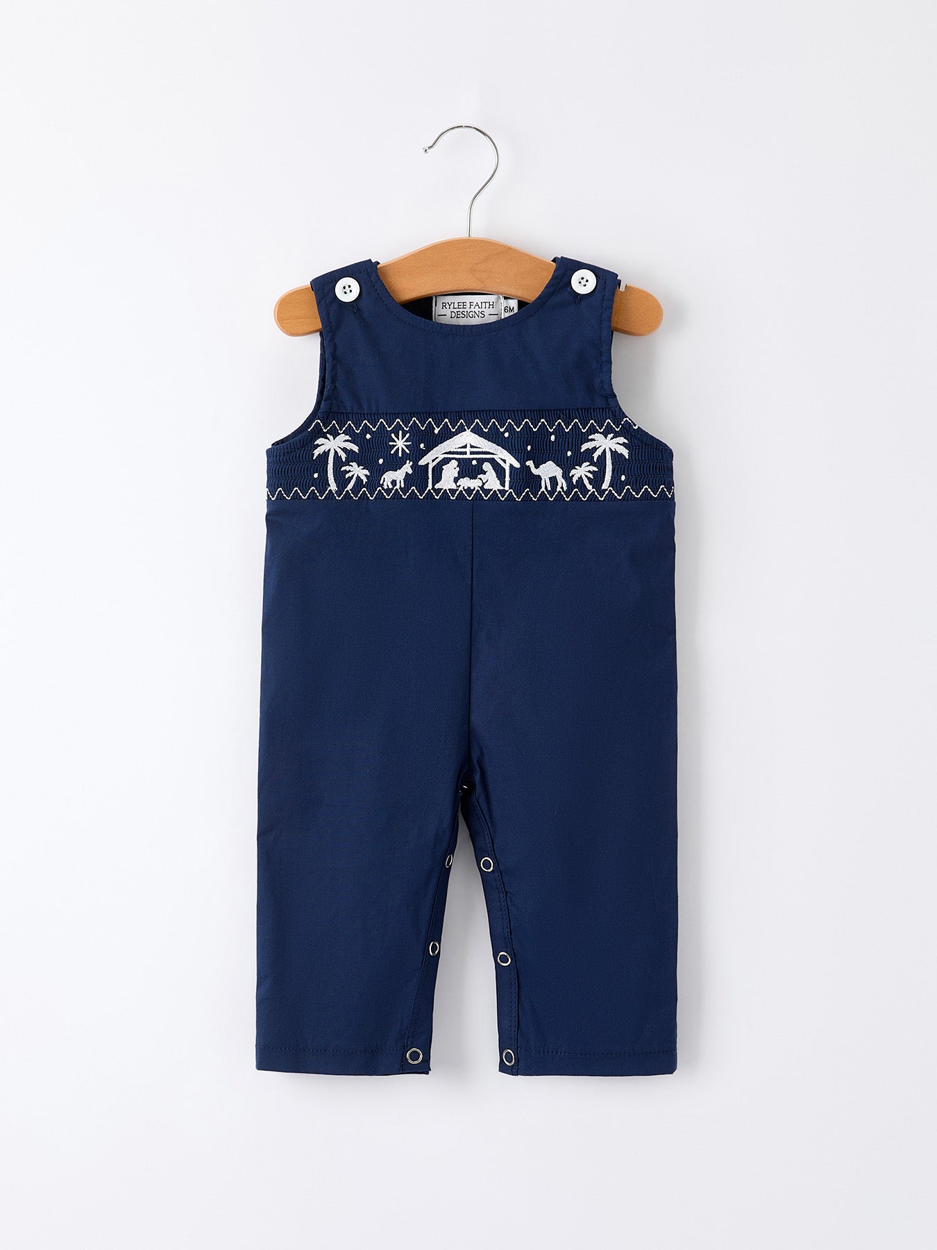 Christmas Navy Blue Nativity Smocking Embroidered Baby Boy Romper
