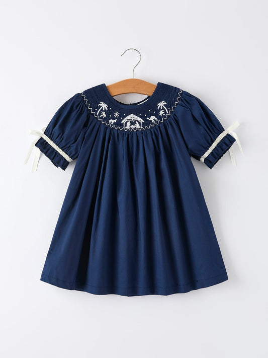 Christmas Navy Blue Nativity Smocking Embroidered Dress