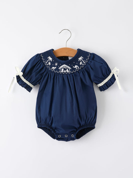 Navy Blue Nativity Smocking Embroidered Baby Girls Christmas Romper