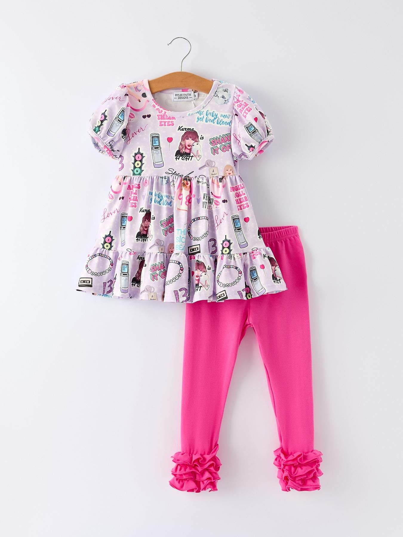 Purple TS Print Ruffle Sleeve Top and Leggings Girls Set outfit front view