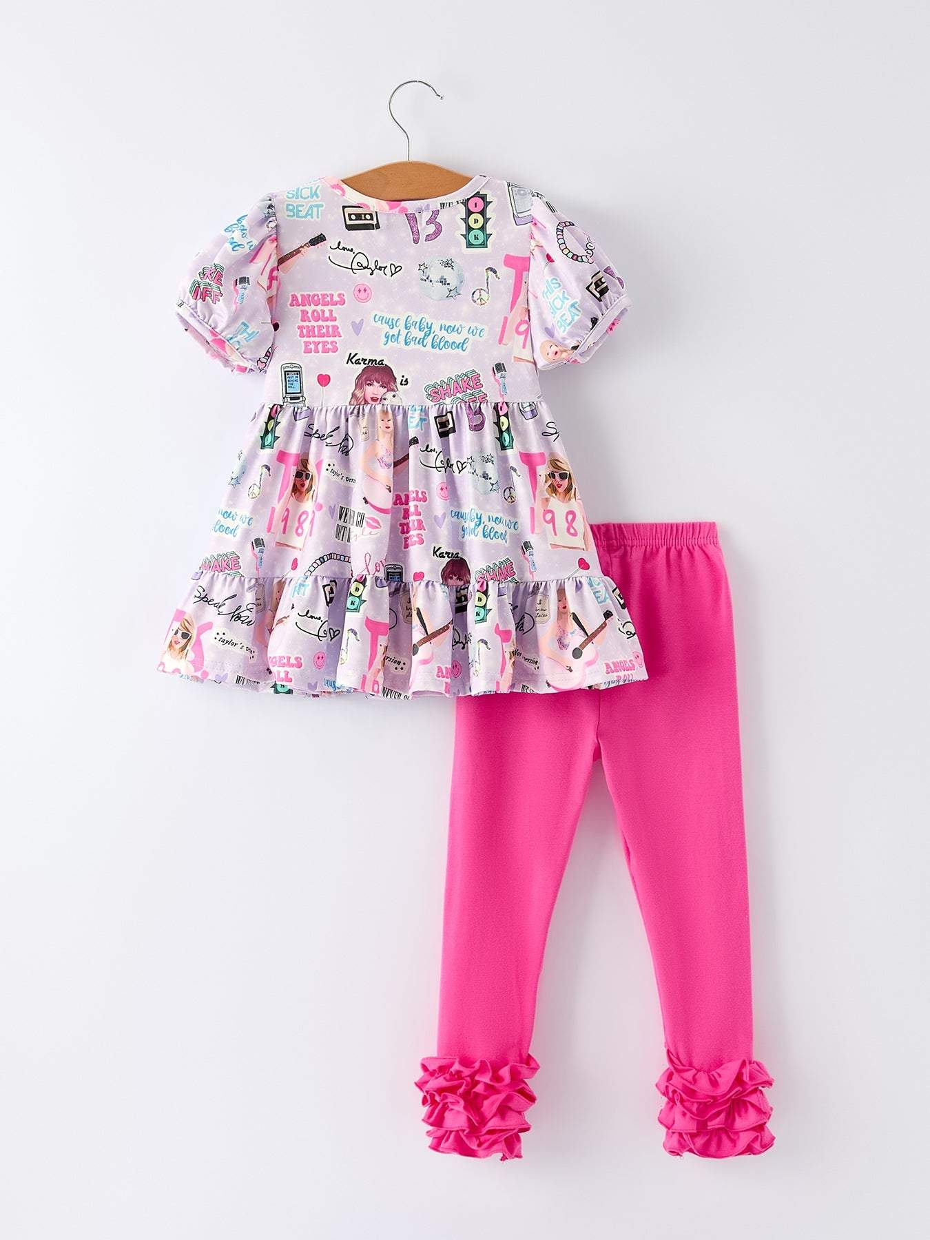 Purple TS Print Ruffle Sleeve Top and Leggings Girls Set outfit detail view