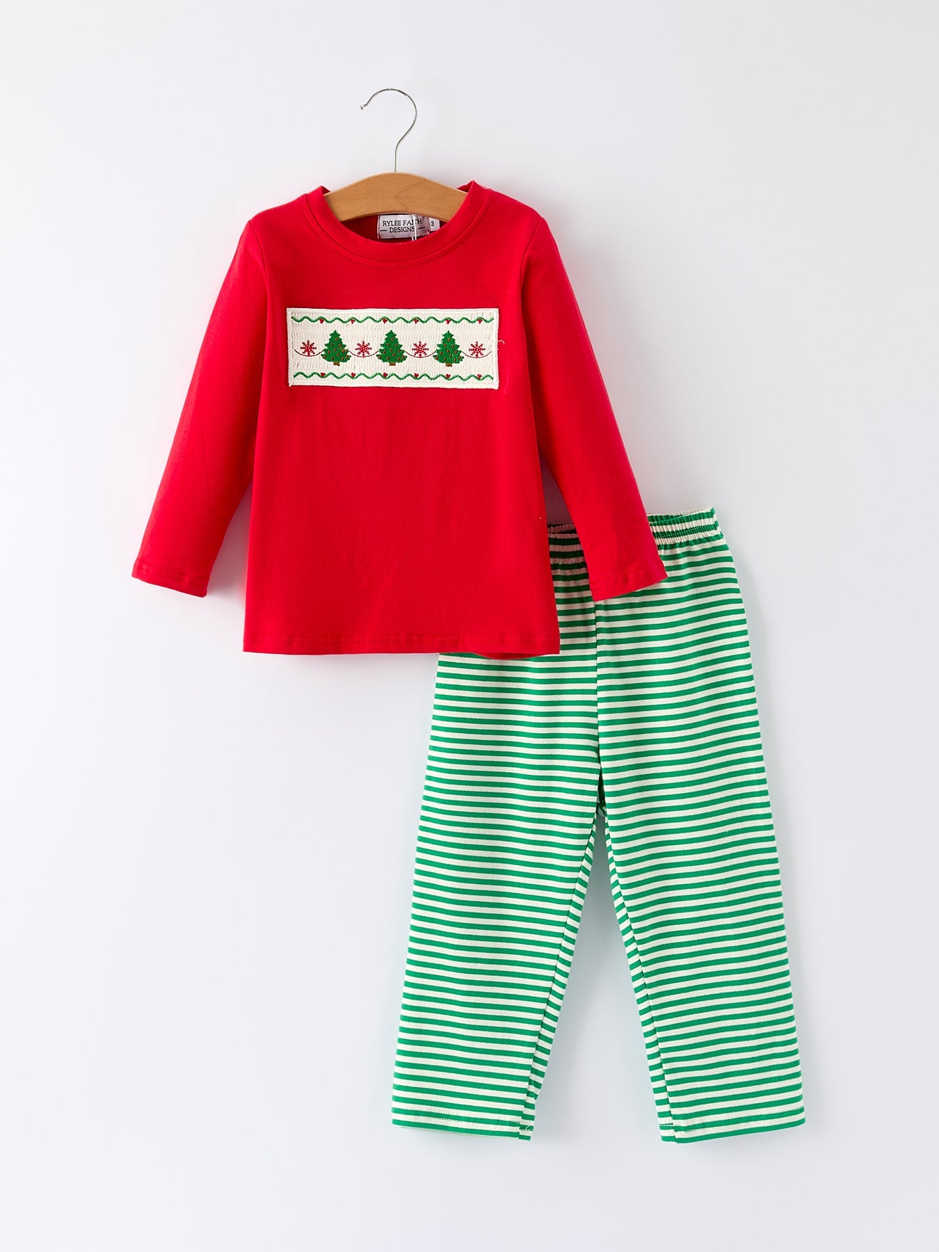 Christmas Tree Smocked Embroidery Green Stripe Boy Set