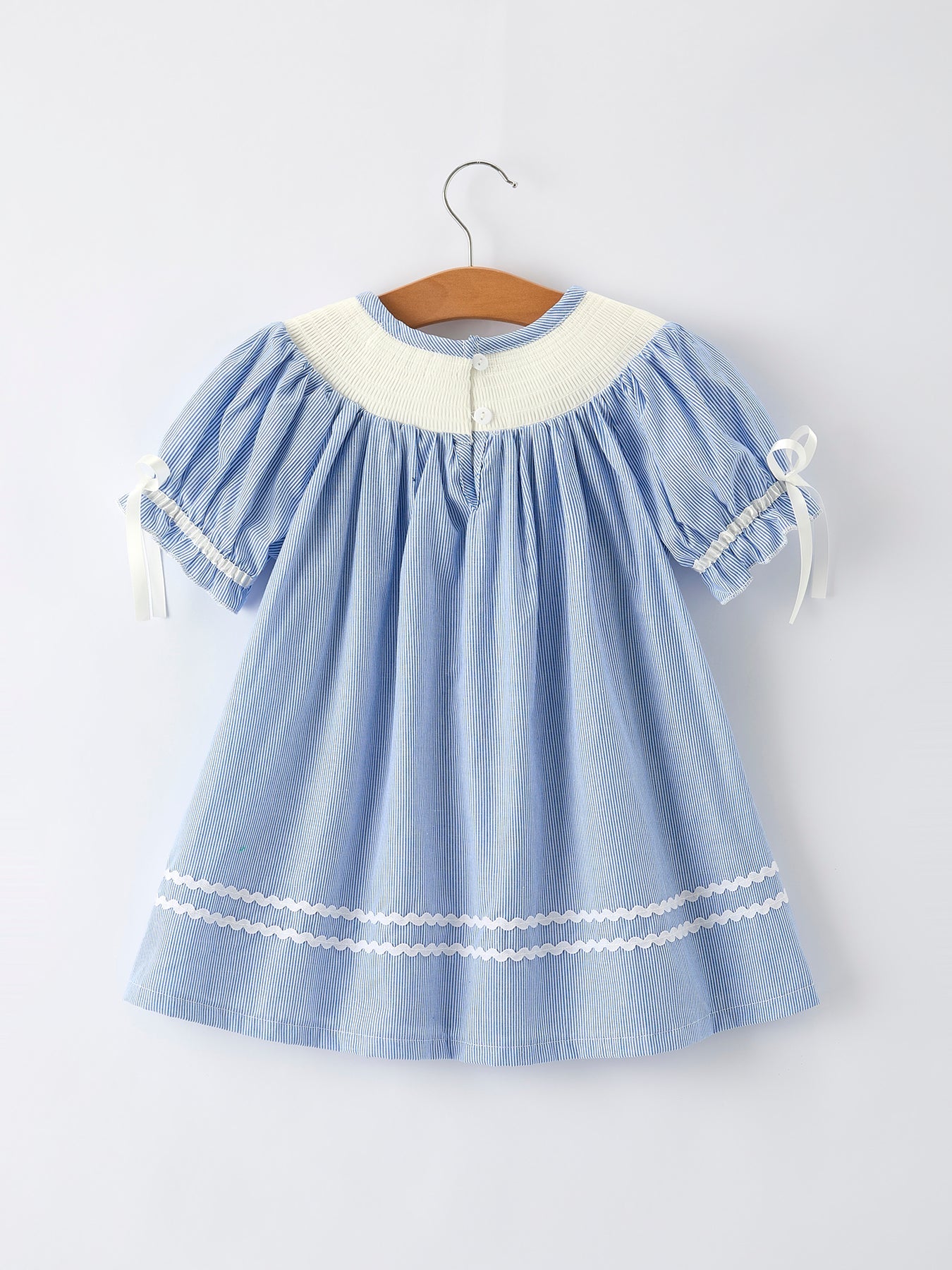 Girls Dress – Blue Striped Smocked Outfit with Short Sleeves