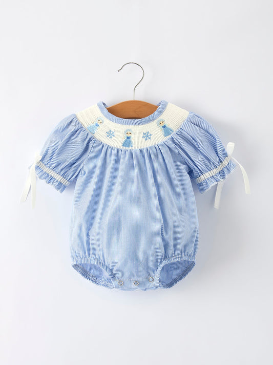 Baby Girls Romper – Blue Striped Smocked Outfit with Short Sleeves