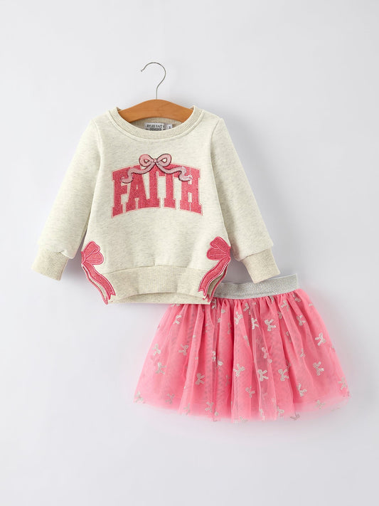 Girls Fall Outfit – FAITH Letter Sweatshirt and Pink Tulle Skirt Set