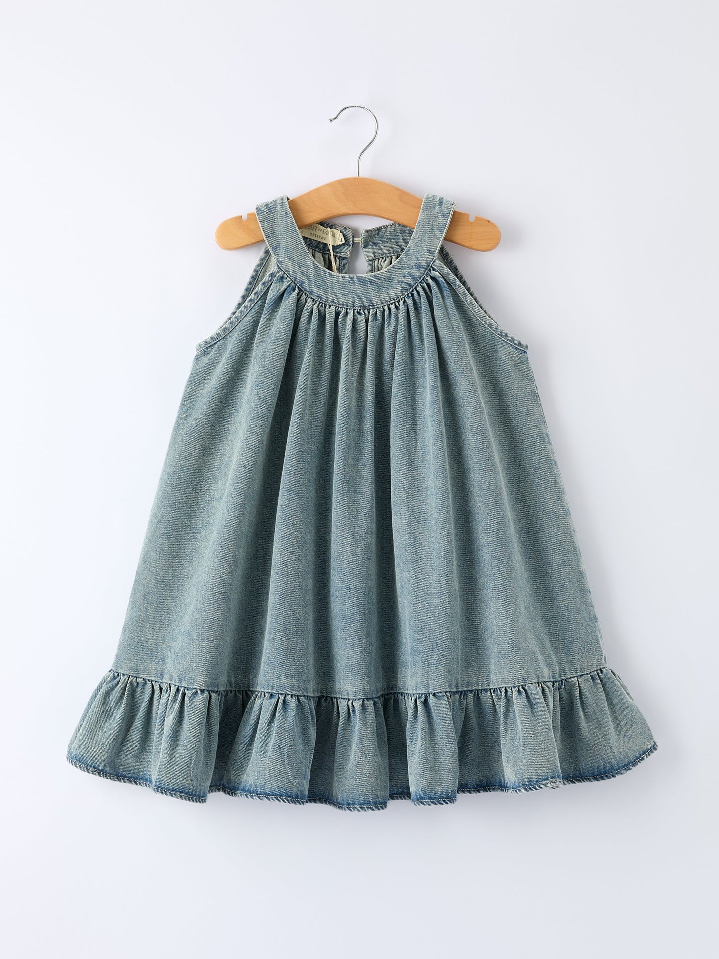 Girls Denim Ruffle Trim A-Line Dress