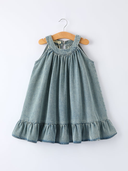 Girls Denim Ruffle Trim A-Line Dress