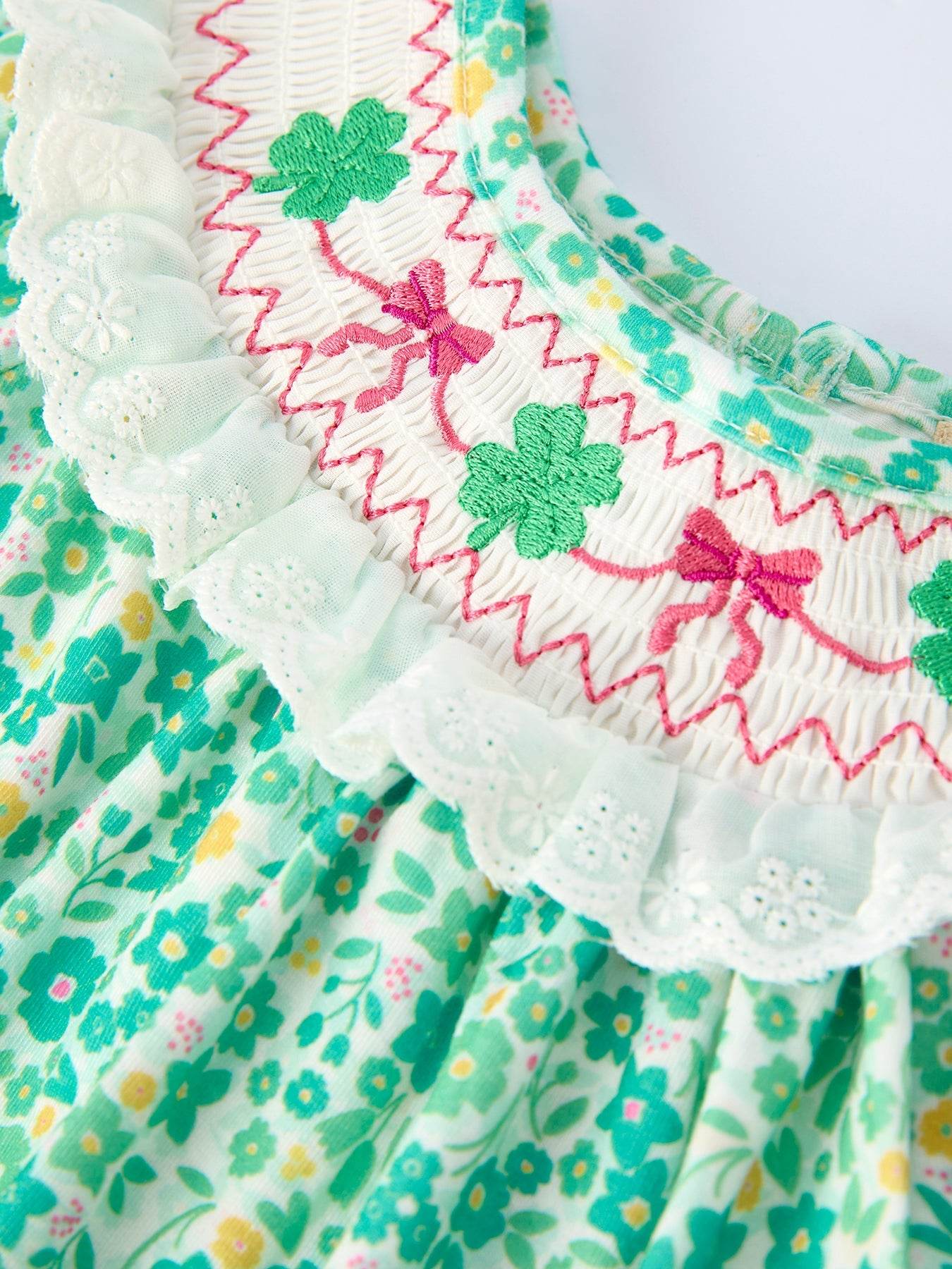 St. Patrick’s Day Shamrock Bow Smocked Baby Girl Romper