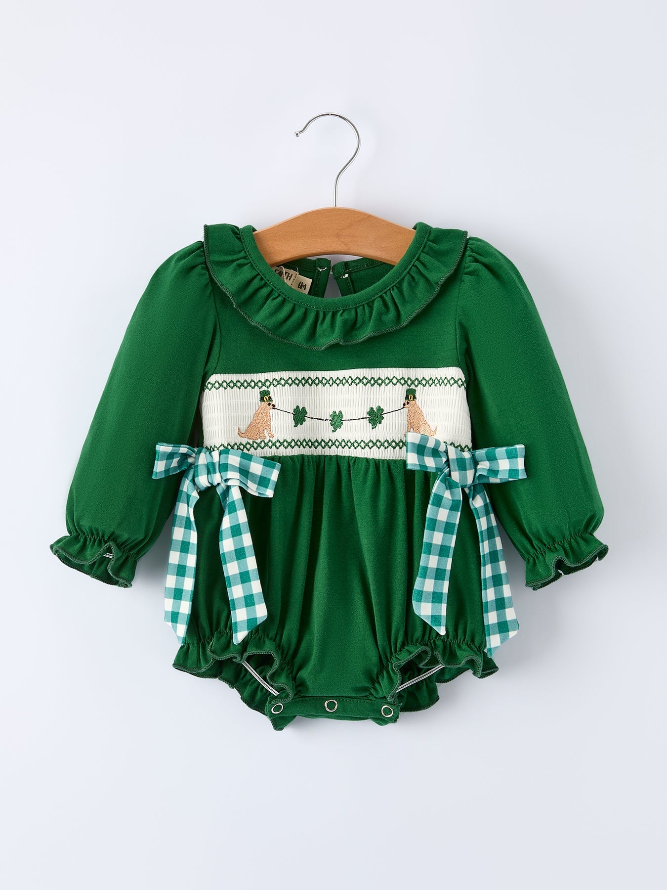 Girls St. Patrick’s Day Shamrock Puppy Smocked Romper