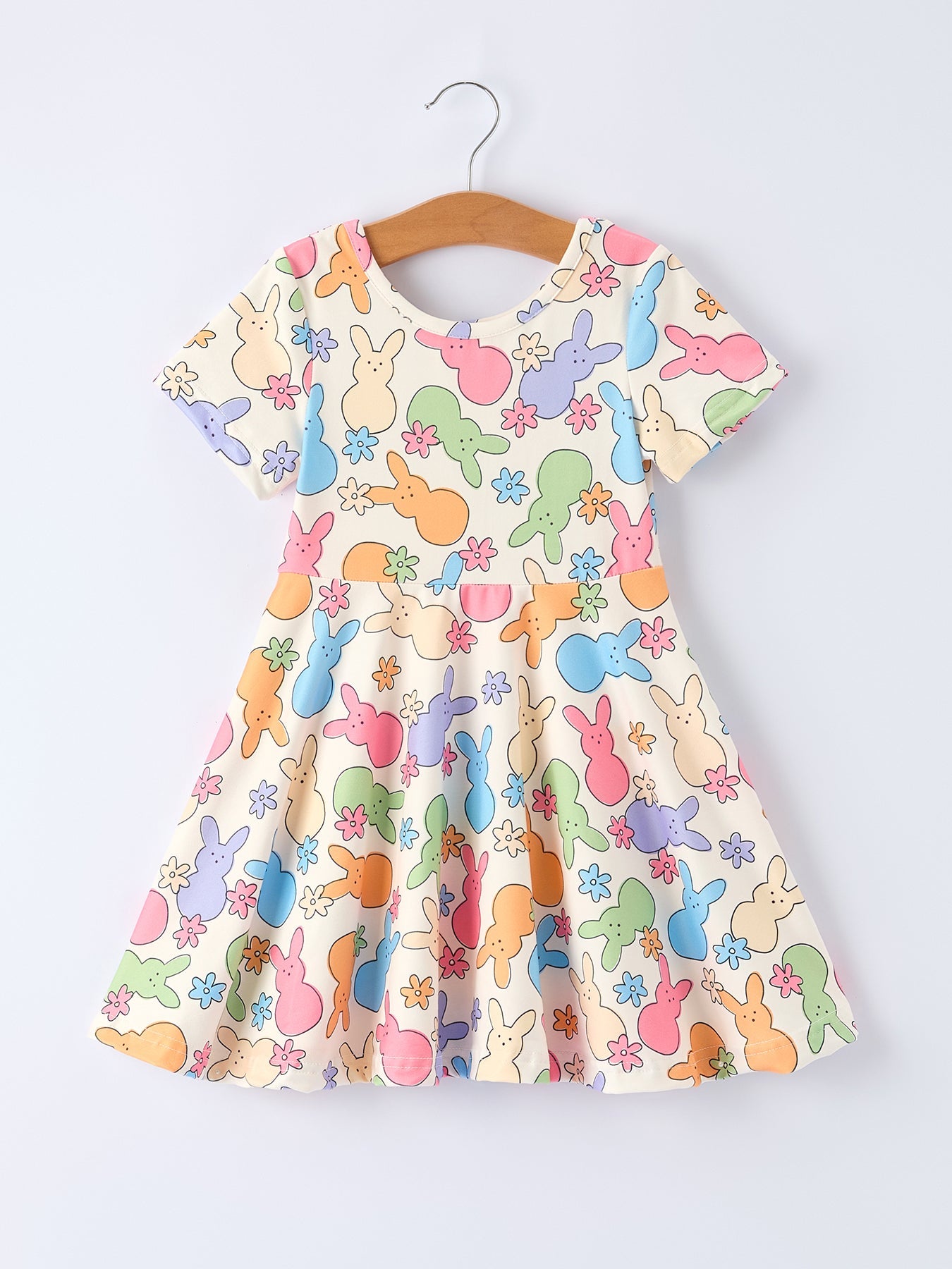 Easter Colorful Bunny Girls Twirl Short-sleeved Dress