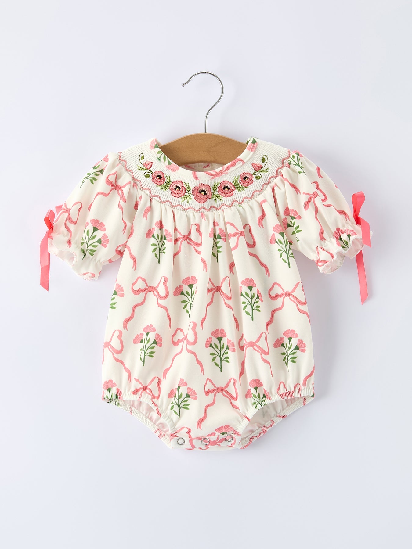 PREORDER Spring Floral Smocking Embroidery Bow Baby Girls Romper