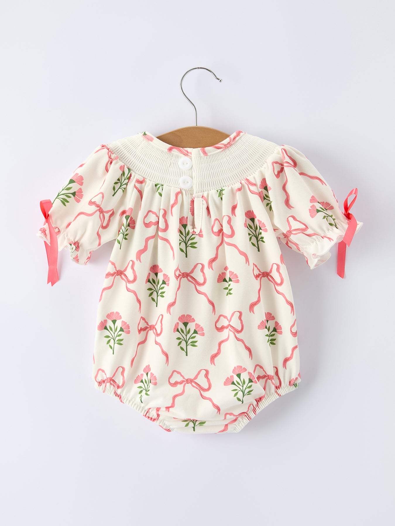 PREORDER Spring Floral Smocking Embroidery Bow Baby Girls Romper