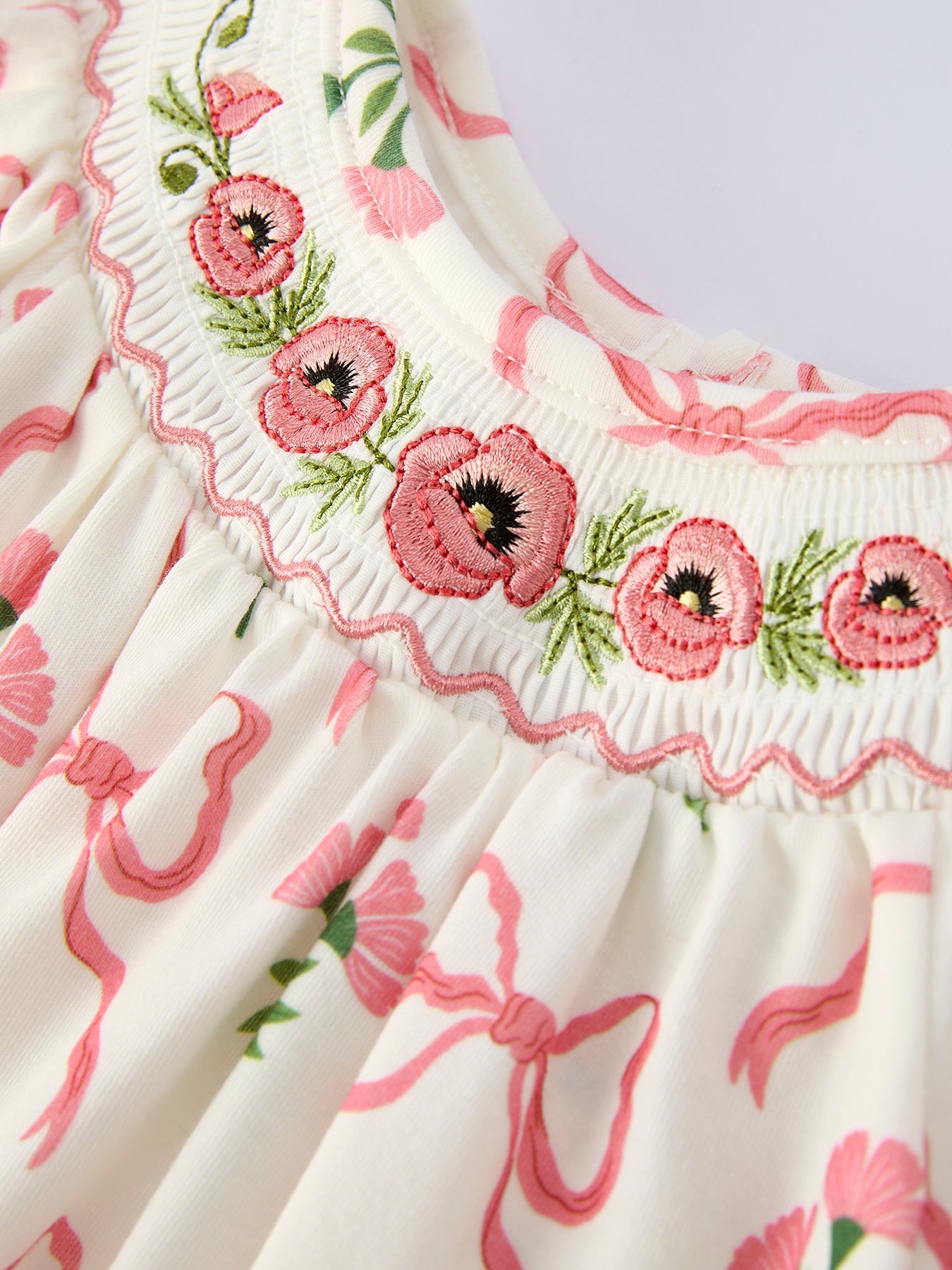 PREORDER Spring Floral Smocking Embroidery Bow Baby Girls Romper
