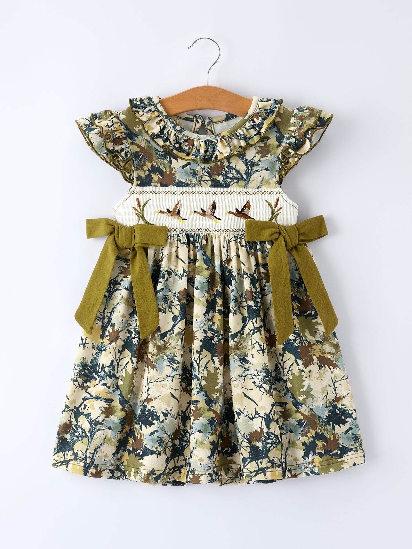 Camo Duck Smocked Bow Ruffle Sleeves Girls Dress front view