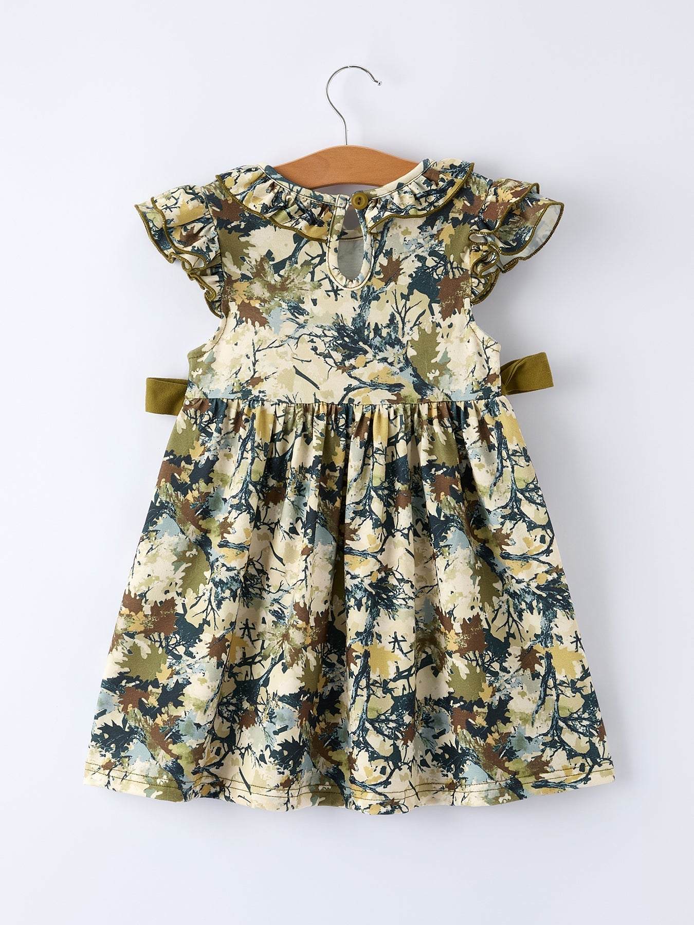Camo Duck Smocked Bow Ruffle Sleeves Girls Dress detail view
